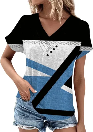 Tops for Womens Plus Size Short Sleeve Casual Pullover V Neck Fashion Blouse Tees 2024 Summer Button Printed T Shirt