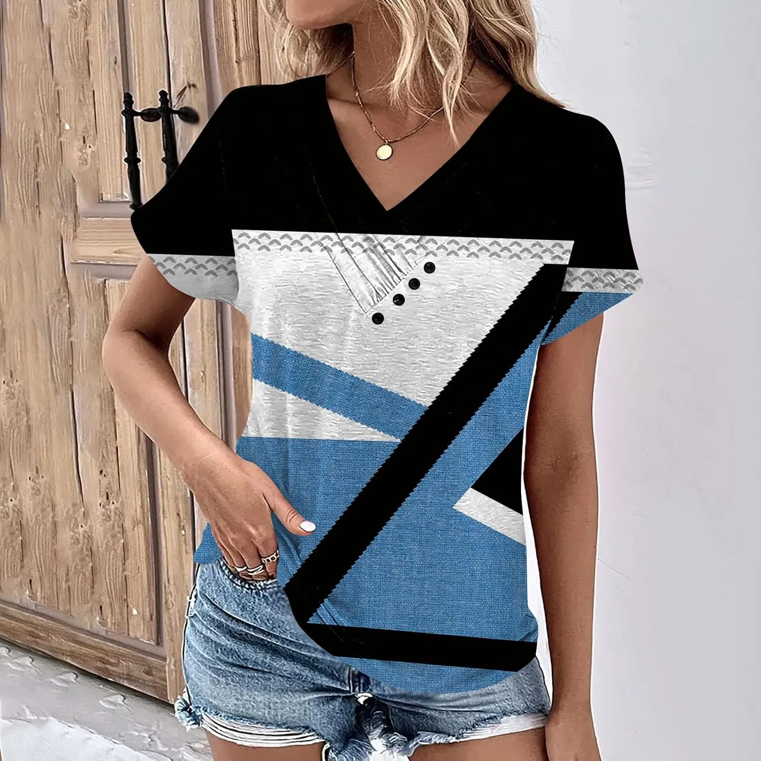 Tops for Womens Plus Size Short Sleeve Casual Pullover V Neck Fashion Blouse Tees 2024 Summer Button Printed T Shirt