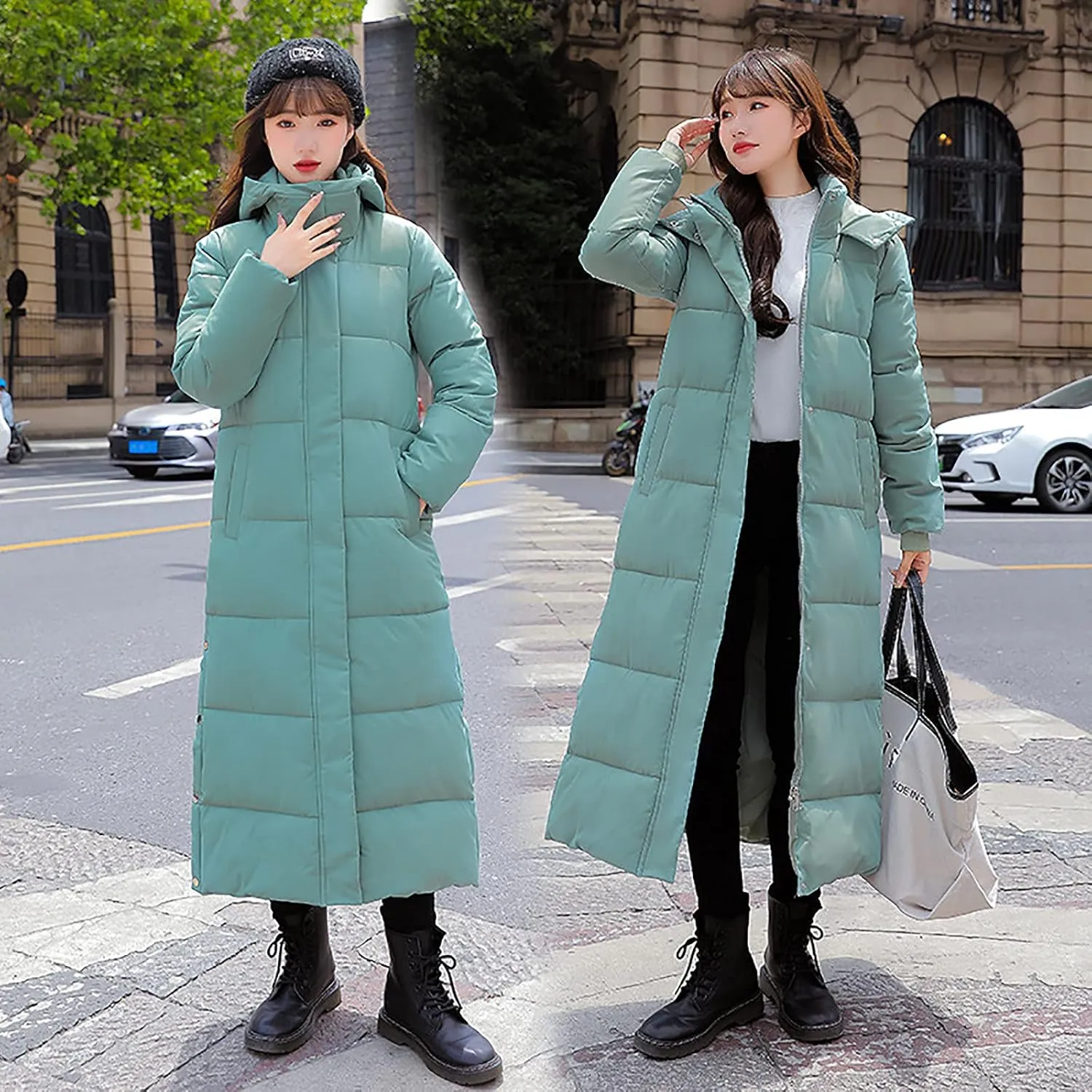tuduoms Winter Coats for Women Side Split Hooded Long Down Quilted Jacket Casual Warm Lightweight Slim Maxi Puffer Parka Coat