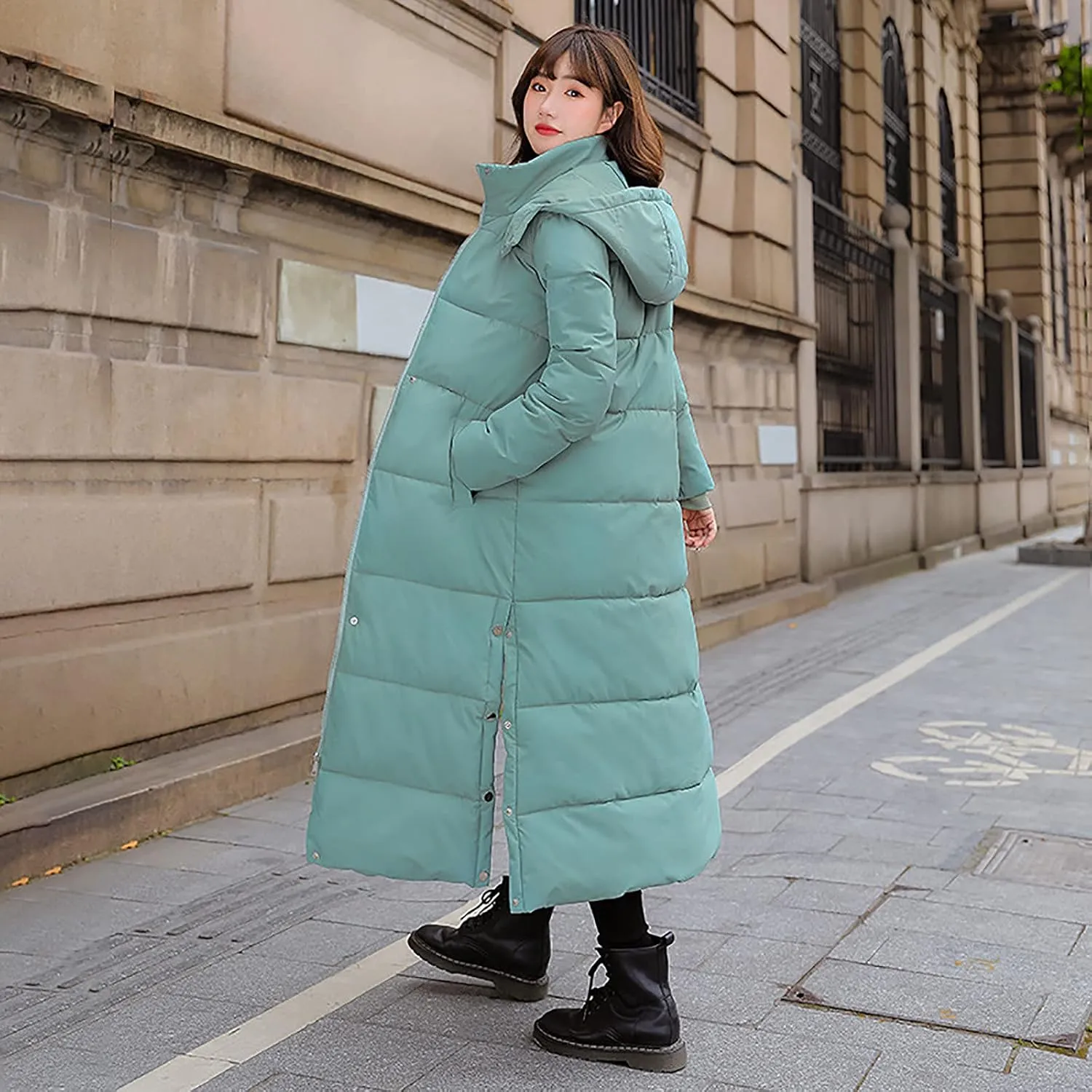 tuduoms Winter Coats for Women Side Split Hooded Long Down Quilted Jacket Casual Warm Lightweight Slim Maxi Puffer Parka Coat