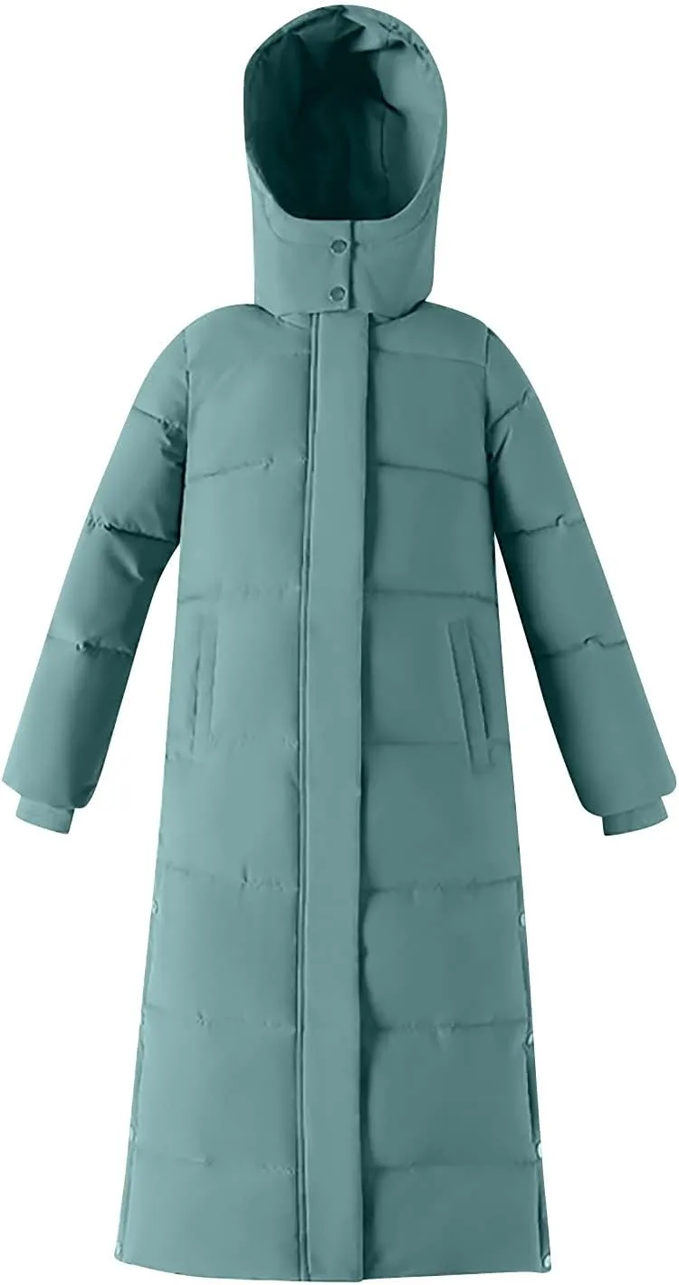 tuduoms Winter Coats for Women Side Split Hooded Long Down Quilted Jacket Casual Warm Lightweight Slim Maxi Puffer Parka Coat