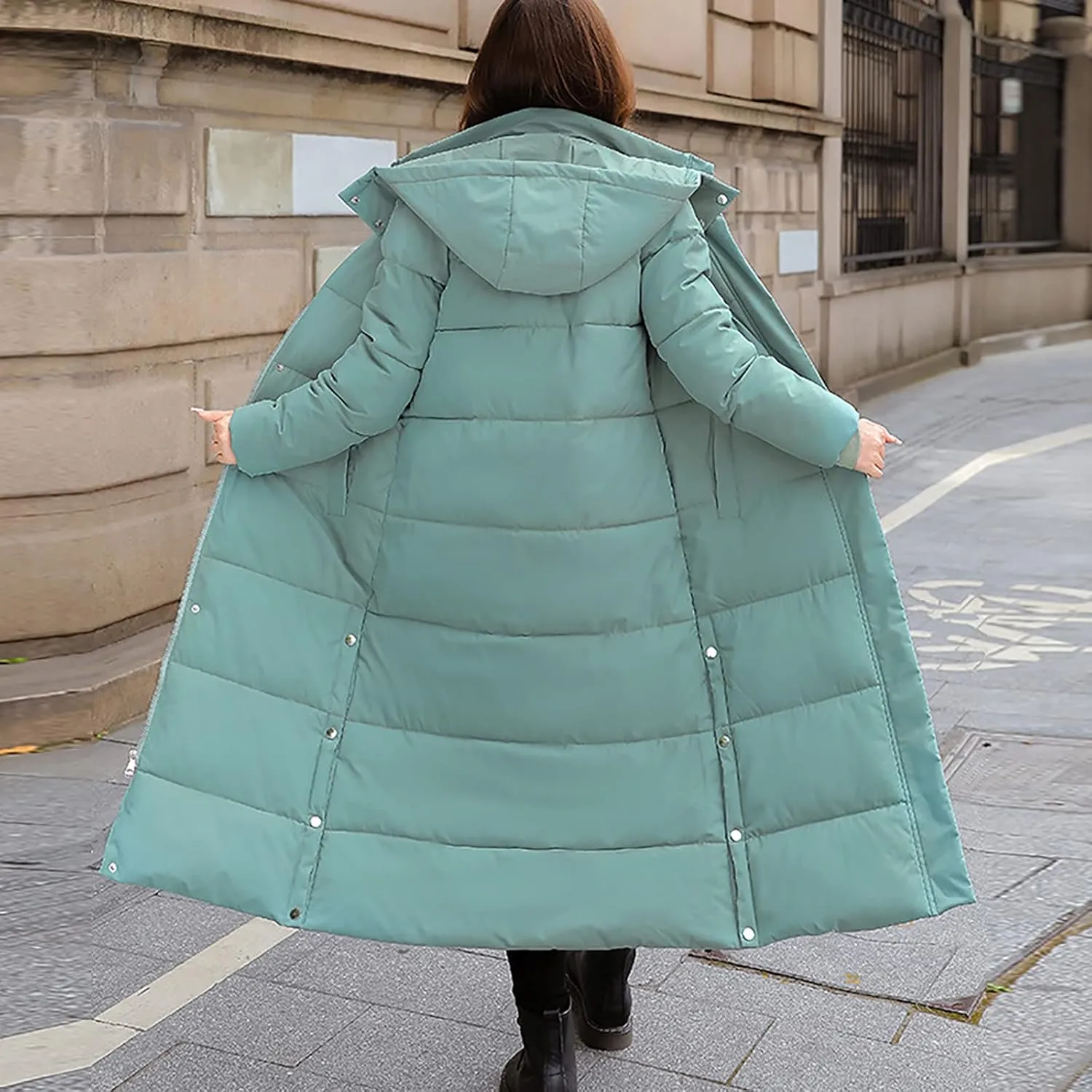 tuduoms Winter Coats for Women Side Split Hooded Long Down Quilted Jacket Casual Warm Lightweight Slim Maxi Puffer Parka Coat