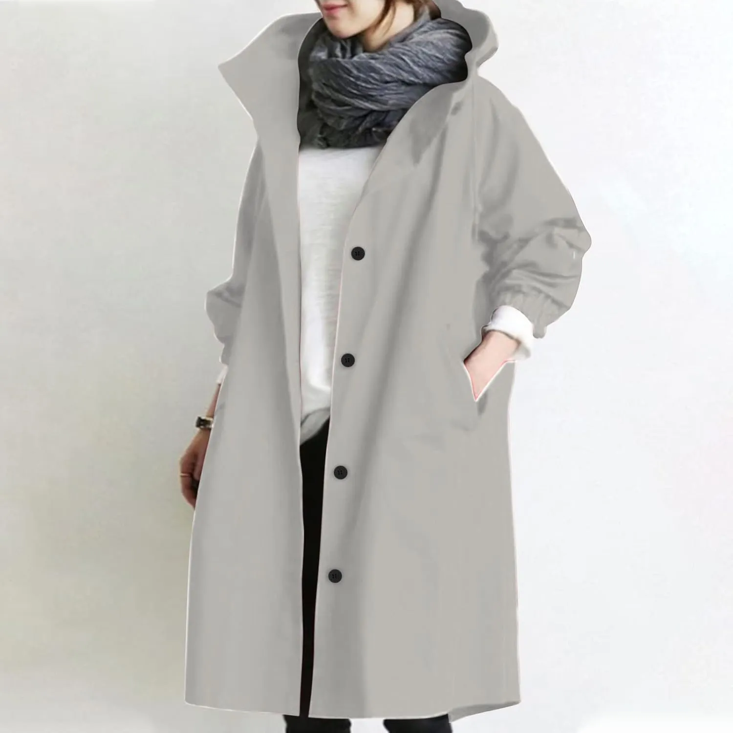 tuduoms Women's Long Rain Jacket Lightweight Trench Hooded Raincoat Fall Winter Fashion Button Down Long Trench Coat Overcoat