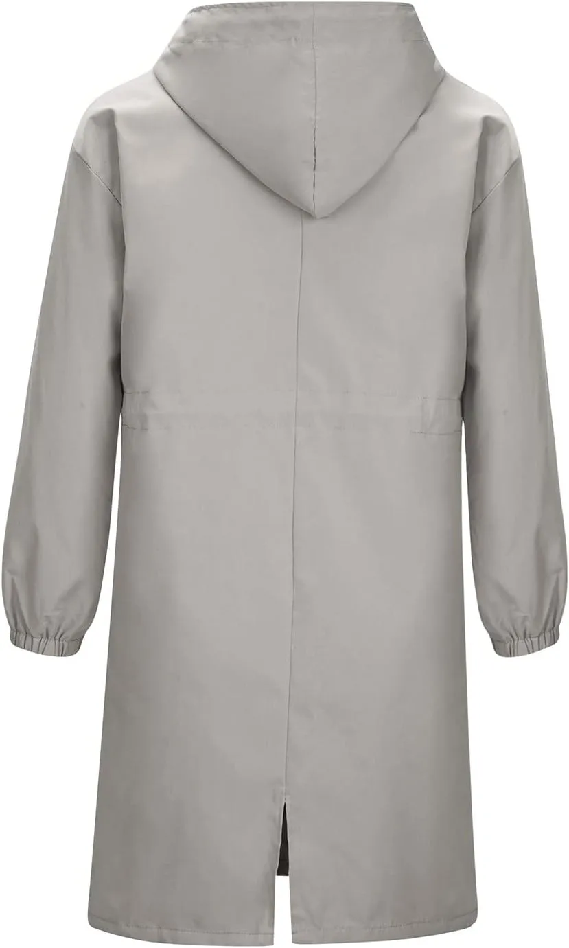 tuduoms Women's Long Rain Jacket Lightweight Trench Hooded Raincoat Fall Winter Fashion Button Down Long Trench Coat Overcoat