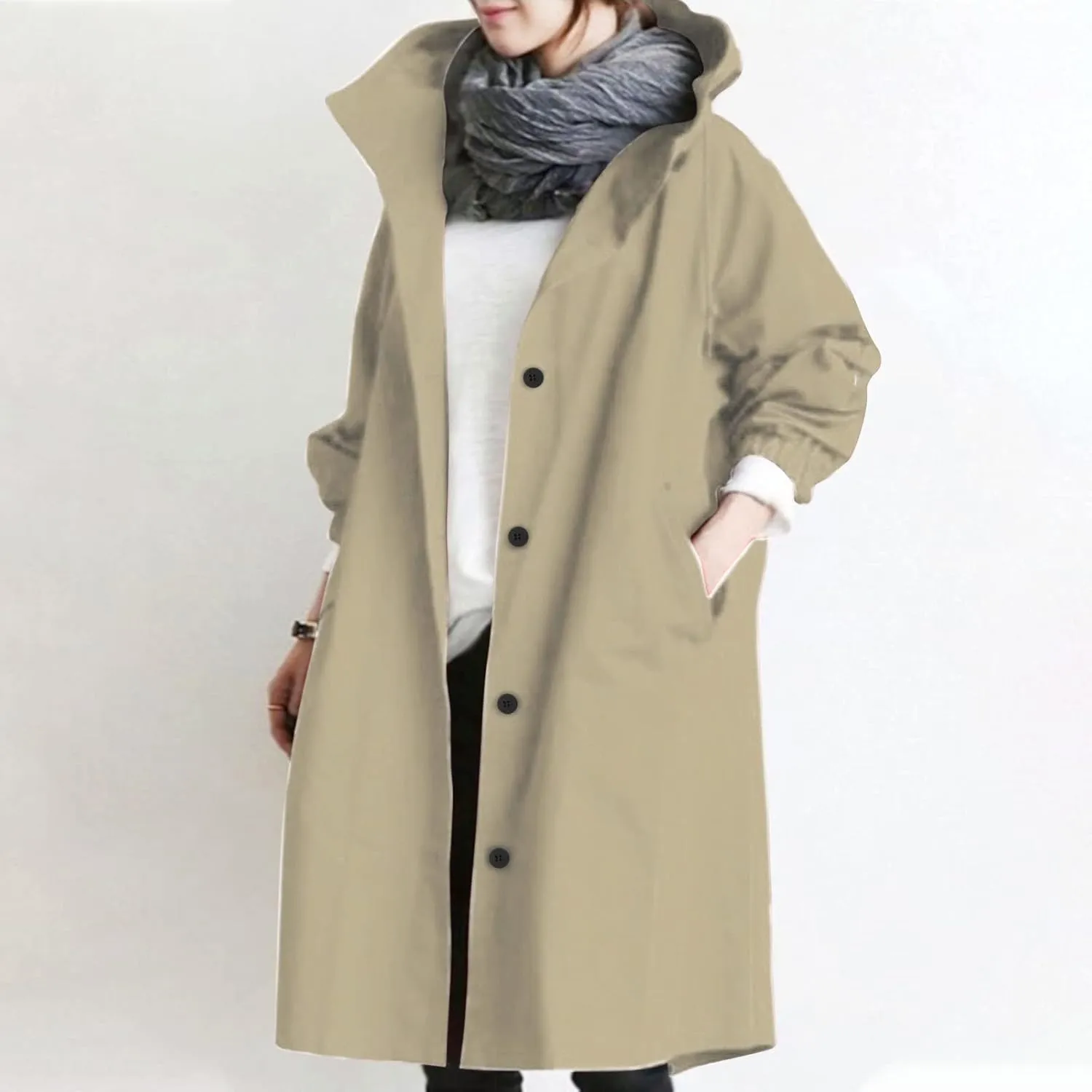 tuduoms Women's Long Rain Jacket Lightweight Trench Hooded Raincoat Fall Winter Fashion Button Down Long Trench Coat Overcoat