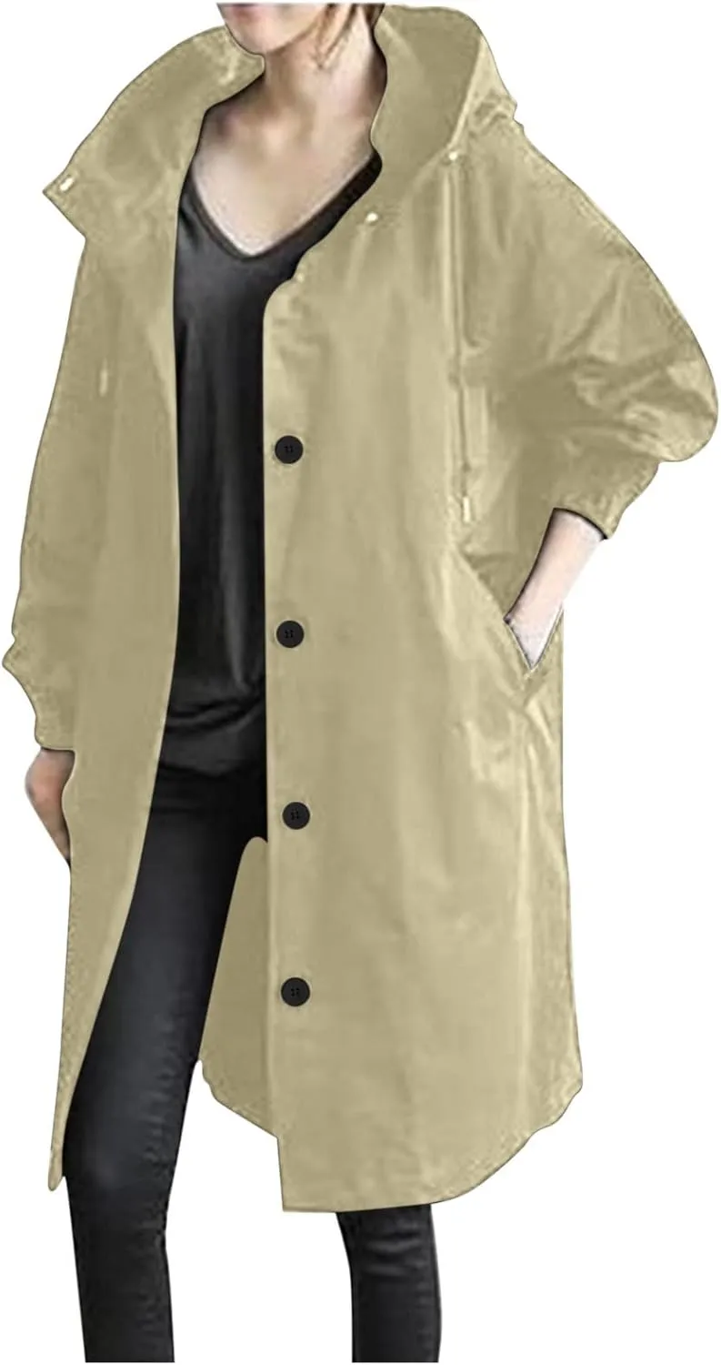 tuduoms Women's Long Rain Jacket Lightweight Trench Hooded Raincoat Fall Winter Fashion Button Down Long Trench Coat Overcoat