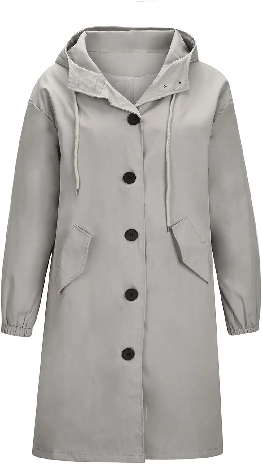 tuduoms Women's Long Rain Jacket Lightweight Trench Hooded Raincoat Fall Winter Fashion Button Down Long Trench Coat Overcoat