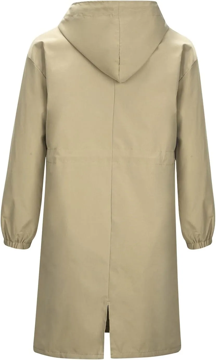 tuduoms Women's Long Rain Jacket Lightweight Trench Hooded Raincoat Fall Winter Fashion Button Down Long Trench Coat Overcoat