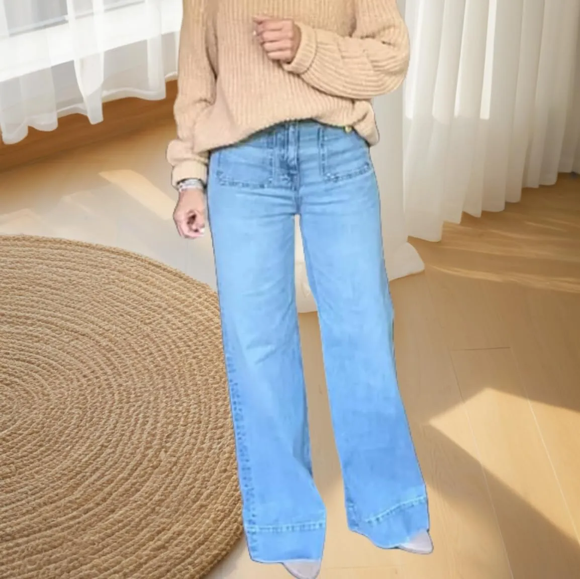 Tummy Control Sailor Wide Leg Trouser, Women's Casual High Waist Stretch Pants High Waisted Jeans
