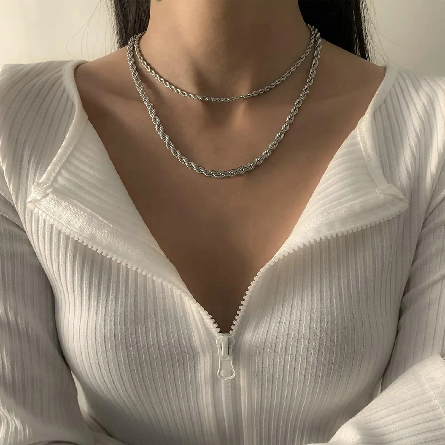 Twisted Rope Chain Choker Necklaces Dainty, 2 Layer Gold Multi Layered Necklaces for Women