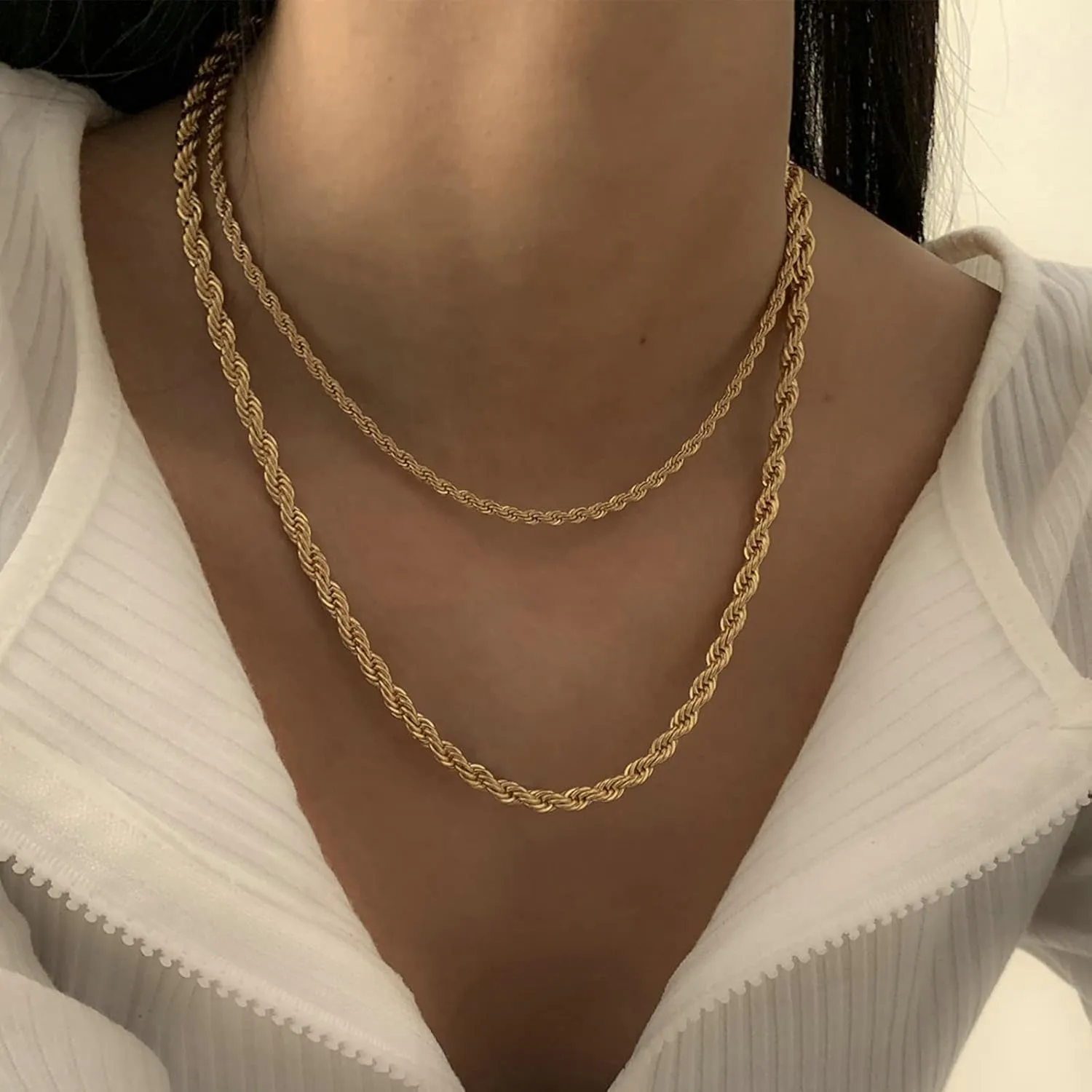 Twisted Rope Chain Choker Necklaces Dainty, 2 Layer Gold Multi Layered Necklaces for Women