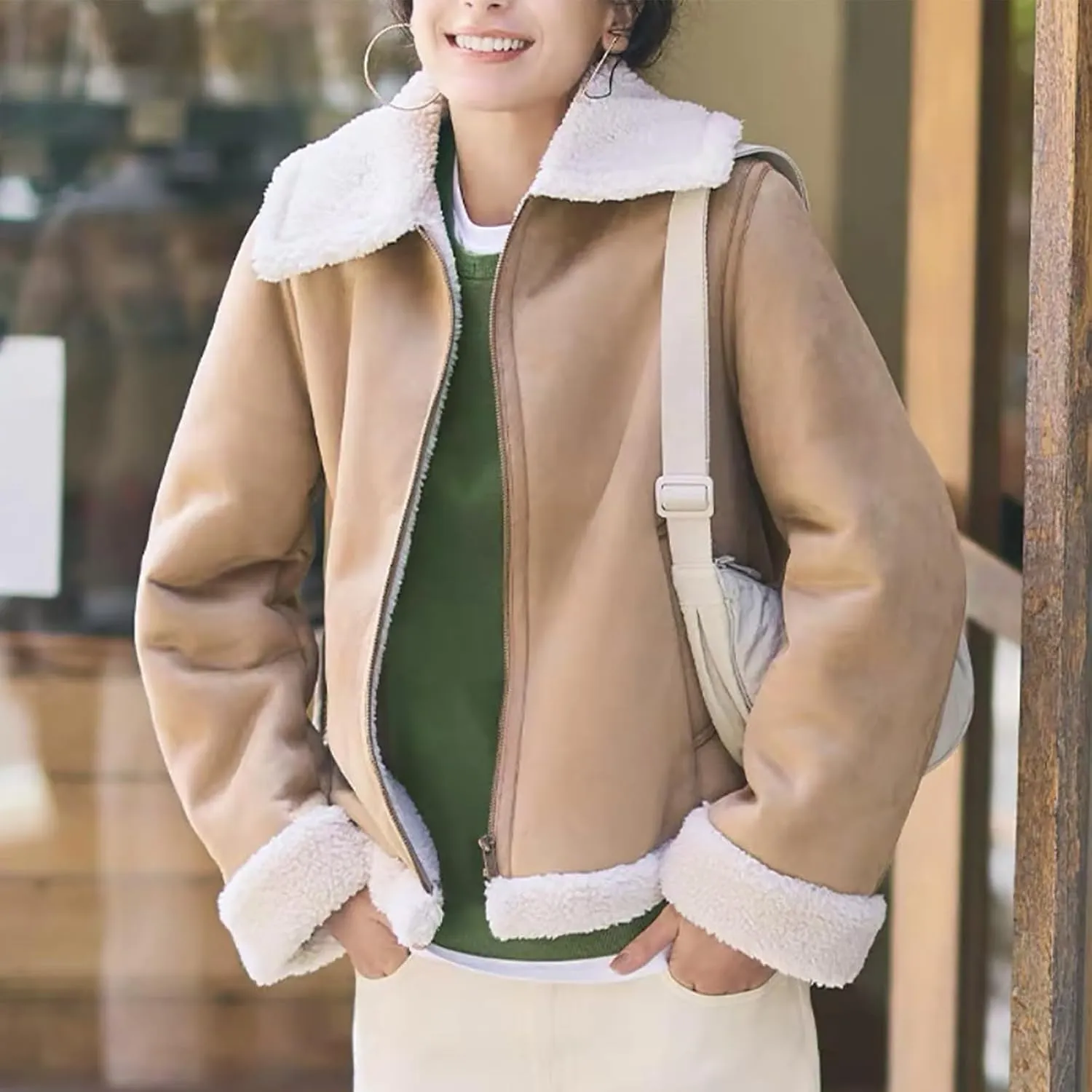 Uillui Womens Sherpa Lined Suede Leather Jacket Cropped Motorcycle Jacket Winter Teen Girls Trendy Fleece Crop Bomber Jacket