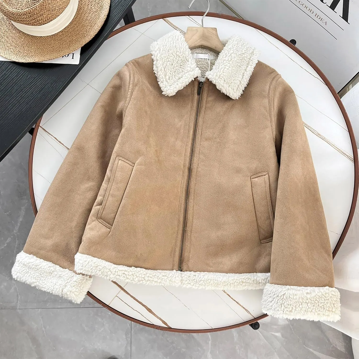 Uillui Womens Sherpa Lined Suede Leather Jacket Cropped Motorcycle Jacket Winter Teen Girls Trendy Fleece Crop Bomber Jacket