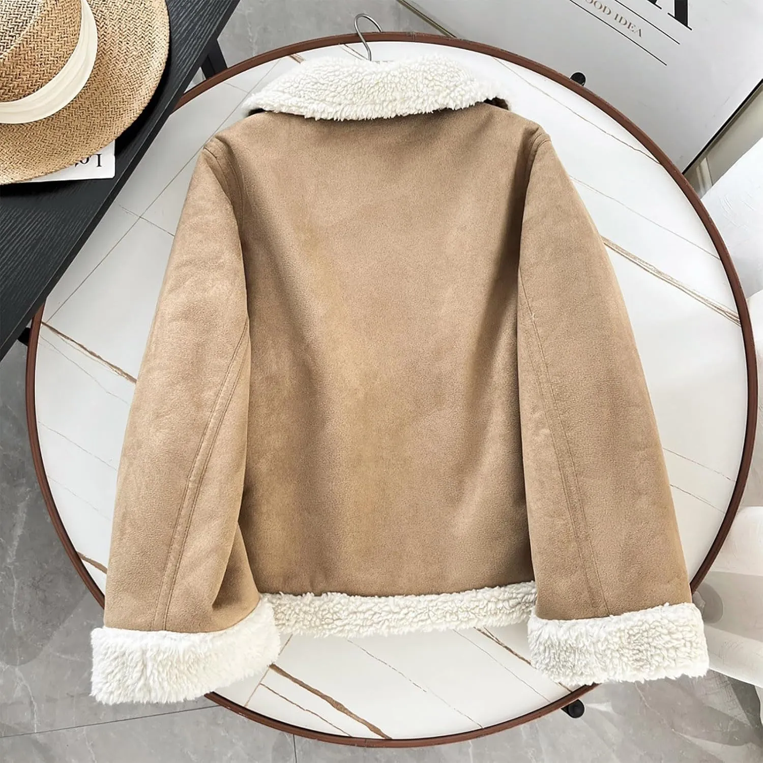 Uillui Womens Sherpa Lined Suede Leather Jacket Cropped Motorcycle Jacket Winter Teen Girls Trendy Fleece Crop Bomber Jacket