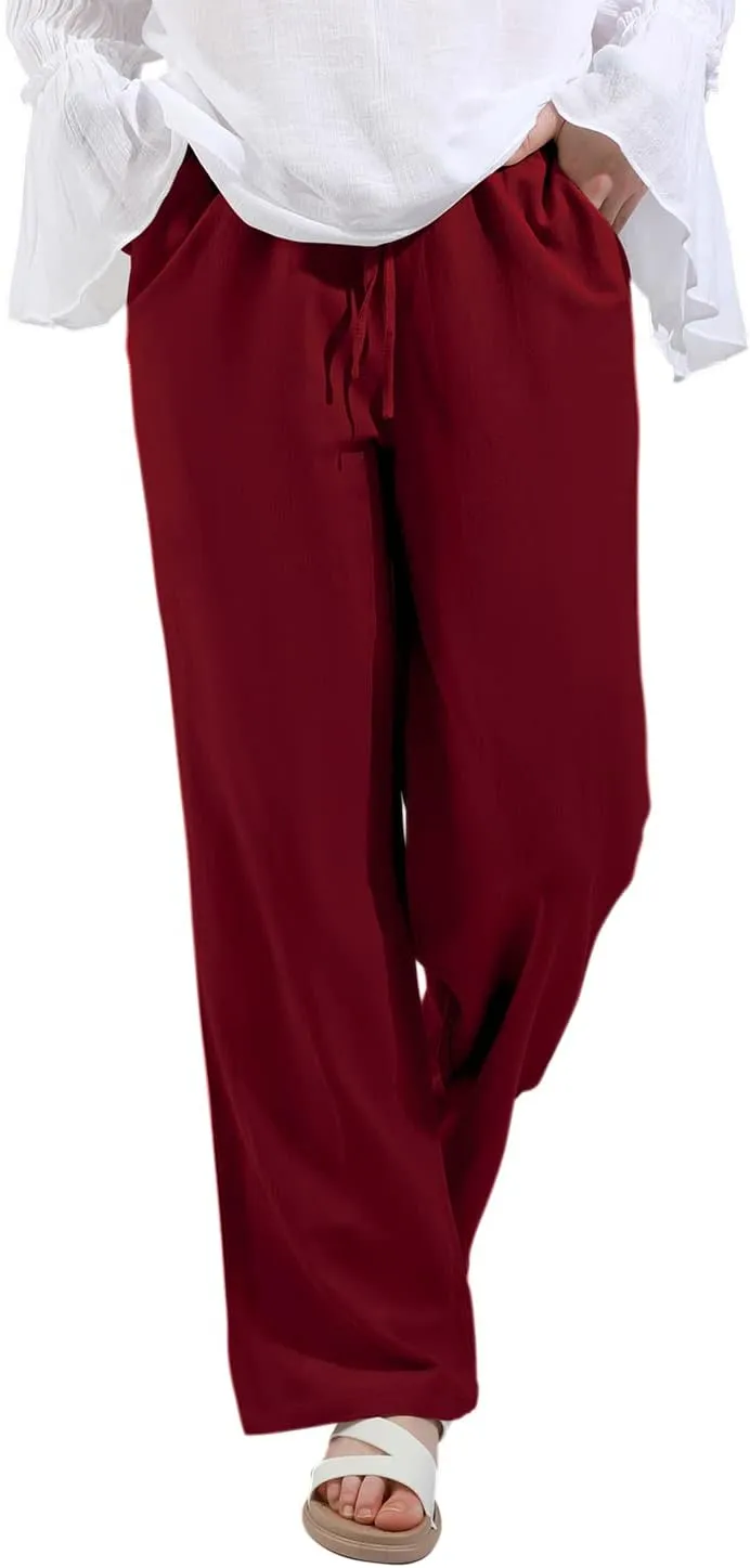 utcoco Women's Cotton Linen Drawstring High Waisted Pants Casual Loose Fit Wide Leg Trousers