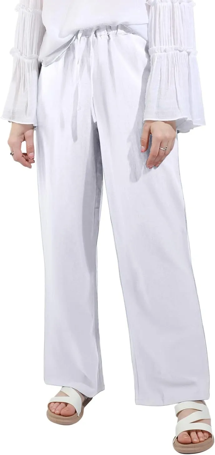 utcoco Women's Cotton Linen Drawstring High Waisted Pants Casual Loose Fit Wide Leg Trousers