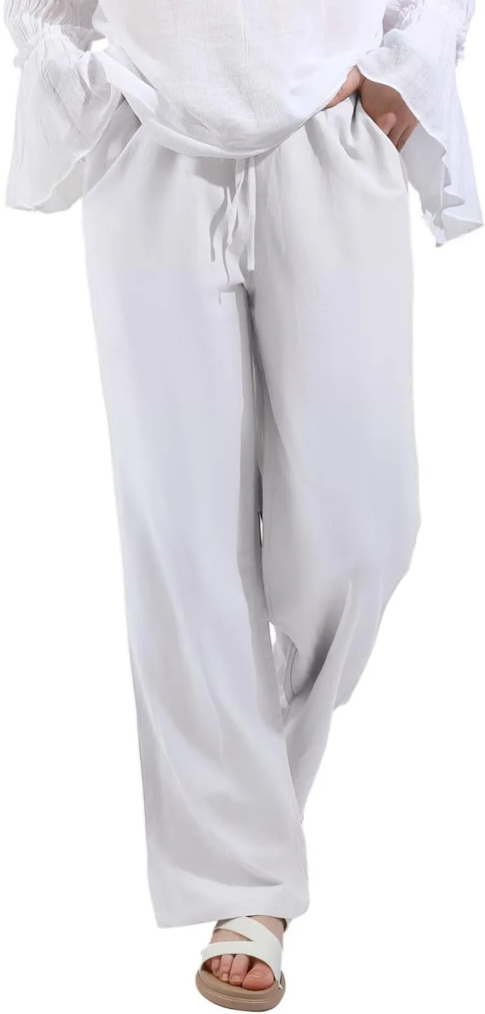 utcoco Women's Cotton Linen Drawstring High Waisted Pants Casual Loose Fit Wide Leg Trousers