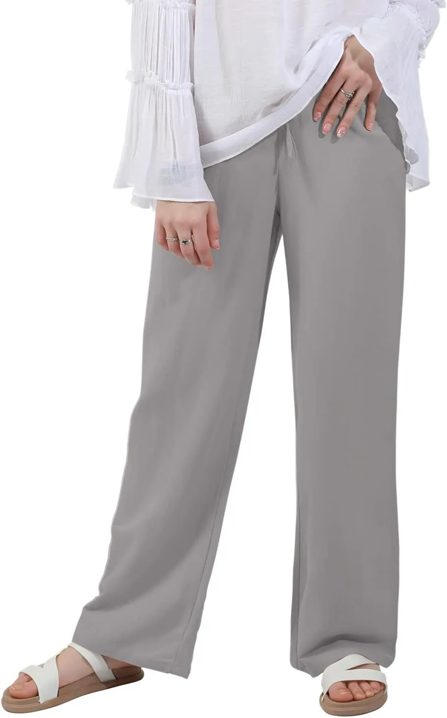 utcoco Women's Cotton Linen Drawstring High Waisted Pants Casual Loose Fit Wide Leg Trousers