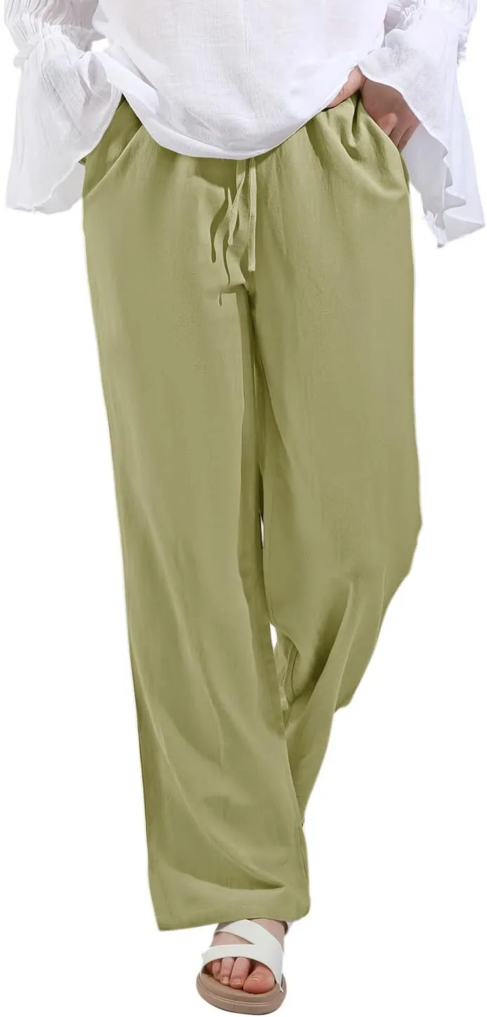 utcoco Women's Cotton Linen Drawstring High Waisted Pants Casual Loose Fit Wide Leg Trousers