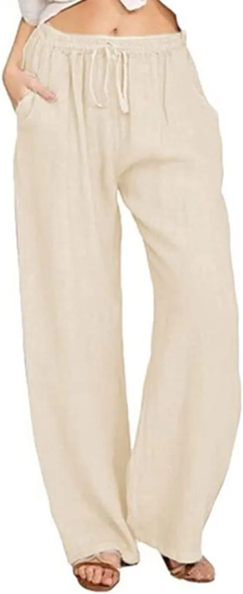 utcoco Women's Cotton Linen Drawstring High Waisted Pants Casual Loose Fit Wide Leg Trousers
