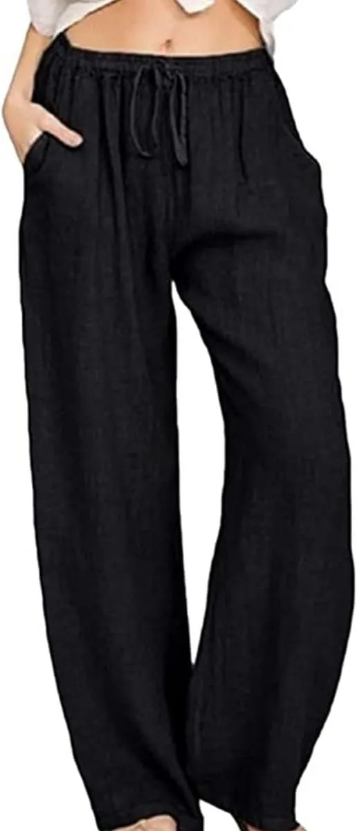 utcoco Women's Cotton Linen Drawstring High Waisted Pants Casual Loose Fit Wide Leg Trousers