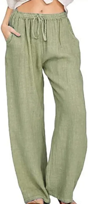 utcoco Women's Cotton Linen Drawstring High Waisted Pants Casual Loose Fit Wide Leg Trousers