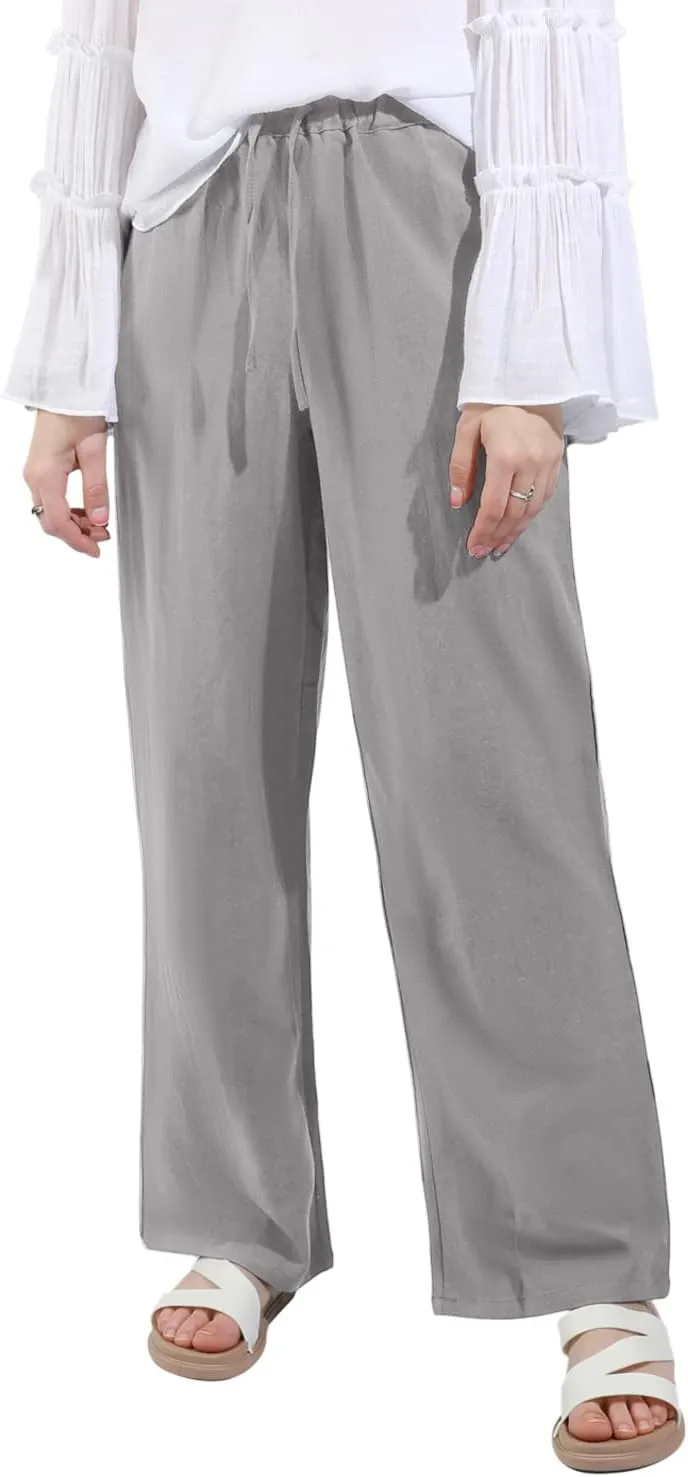 utcoco Women's Cotton Linen Drawstring High Waisted Pants Casual Loose Fit Wide Leg Trousers