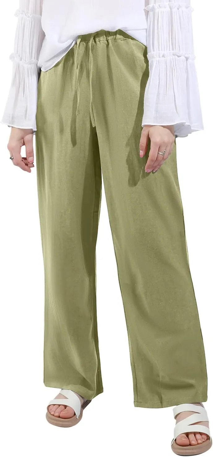 utcoco Women's Cotton Linen Drawstring High Waisted Pants Casual Loose Fit Wide Leg Trousers