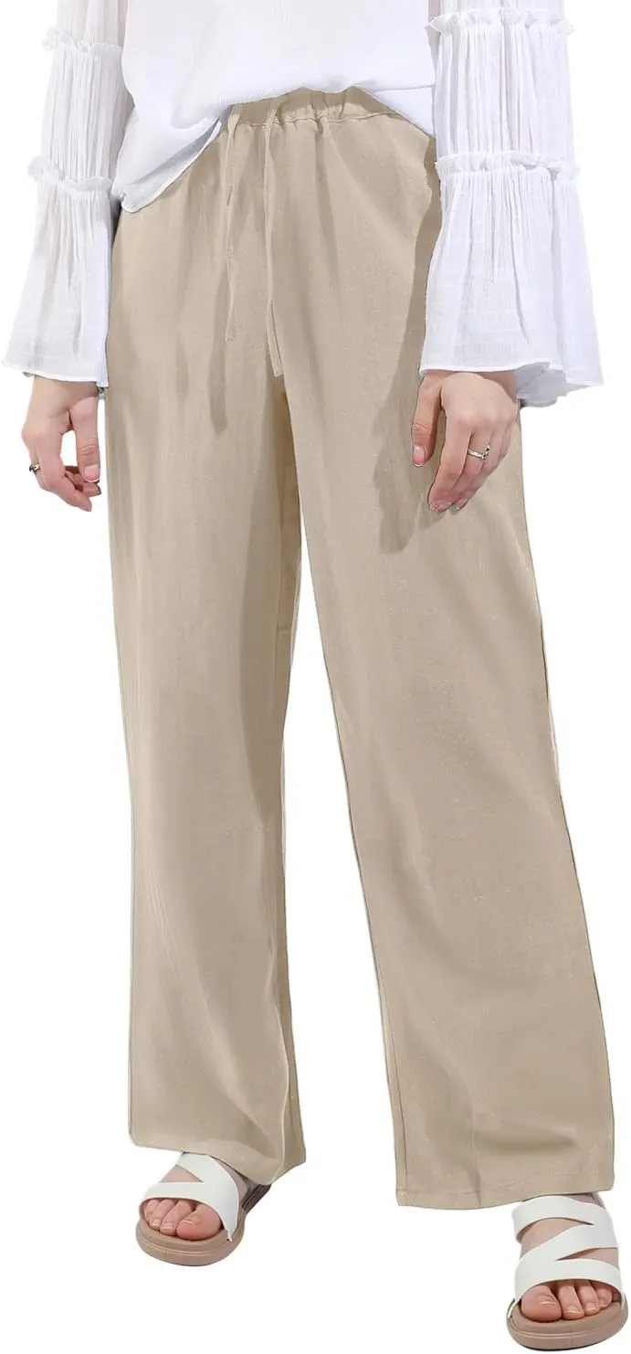 utcoco Women's Cotton Linen Drawstring High Waisted Pants Casual Loose Fit Wide Leg Trousers