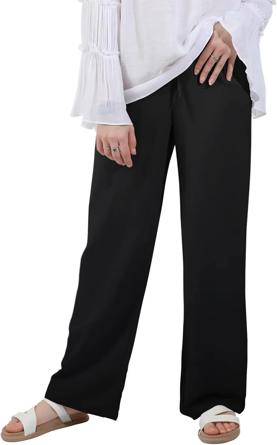 utcoco Women's Cotton Linen Drawstring High Waisted Pants Casual Loose Fit Wide Leg Trousers