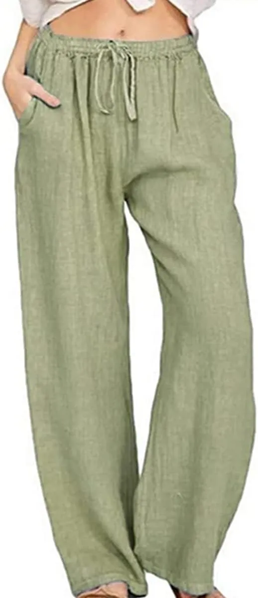 utcoco Women's Cotton Linen Drawstring High Waisted Pants Casual Loose Fit Wide Leg Trousers