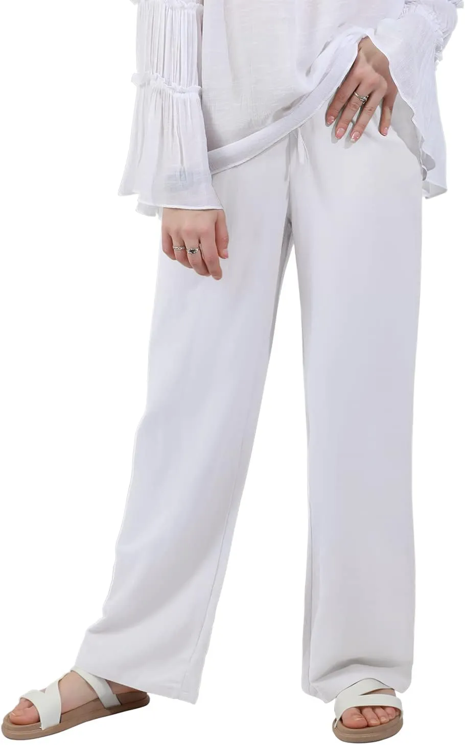 utcoco Women's Cotton Linen Drawstring High Waisted Pants Casual Loose Fit Wide Leg Trousers