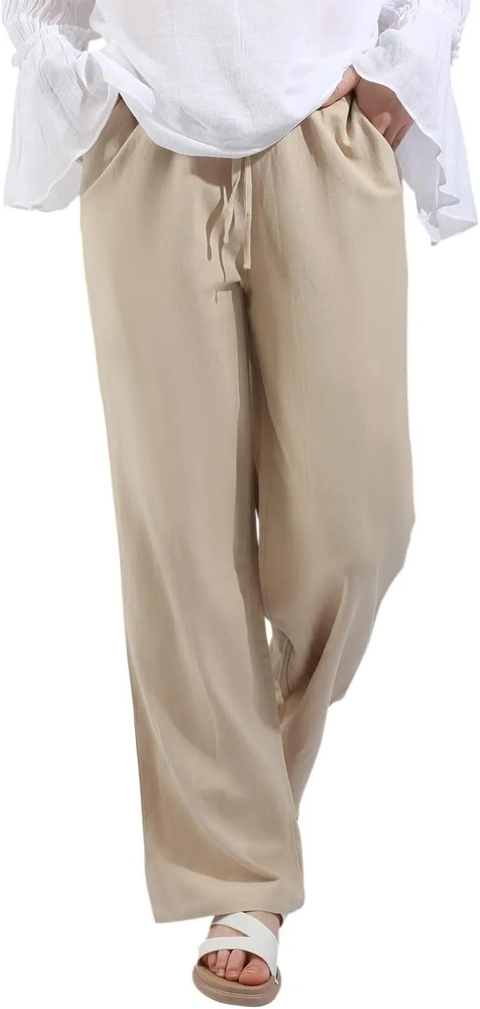 utcoco Women's Cotton Linen Drawstring High Waisted Pants Casual Loose Fit Wide Leg Trousers