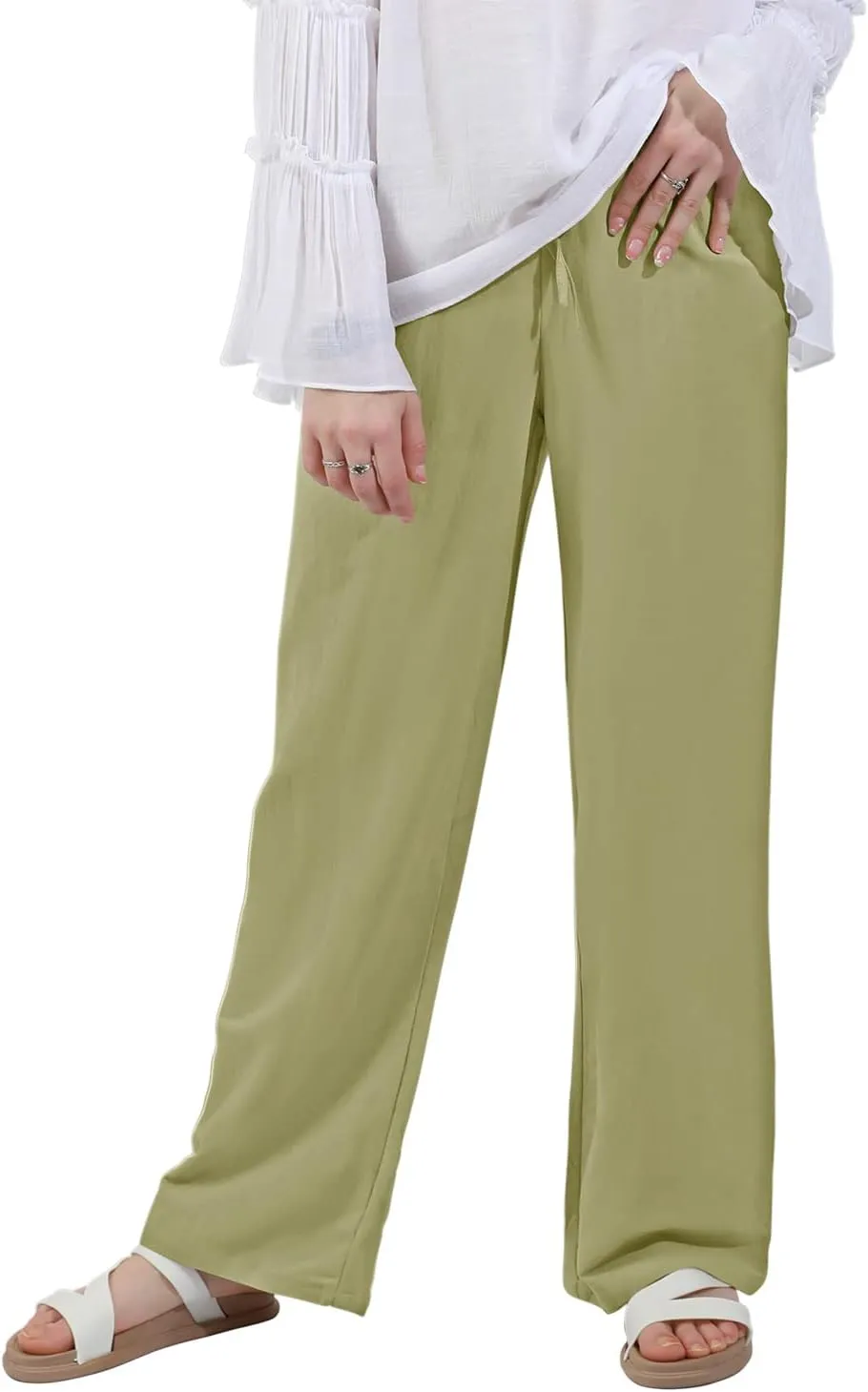 utcoco Women's Cotton Linen Drawstring High Waisted Pants Casual Loose Fit Wide Leg Trousers