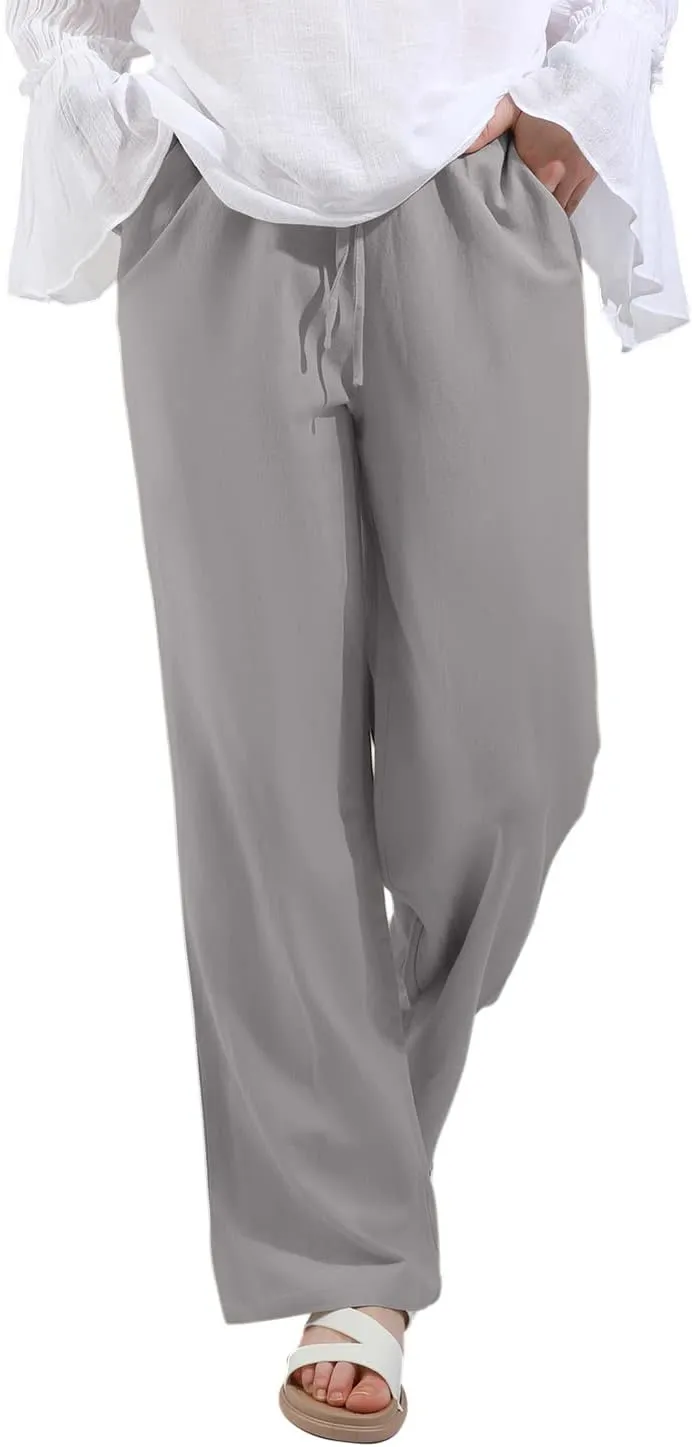 utcoco Women's Cotton Linen Drawstring High Waisted Pants Casual Loose Fit Wide Leg Trousers
