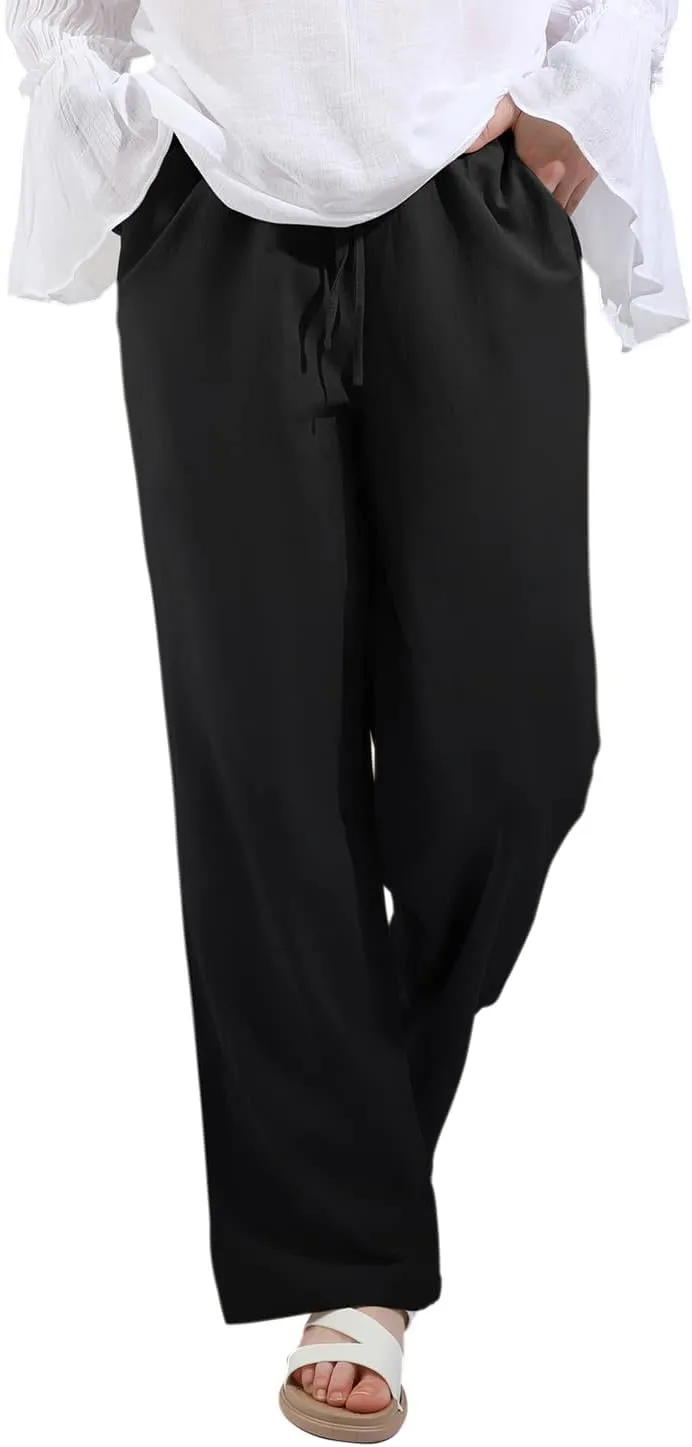 utcoco Women's Cotton Linen Drawstring High Waisted Pants Casual Loose Fit Wide Leg Trousers