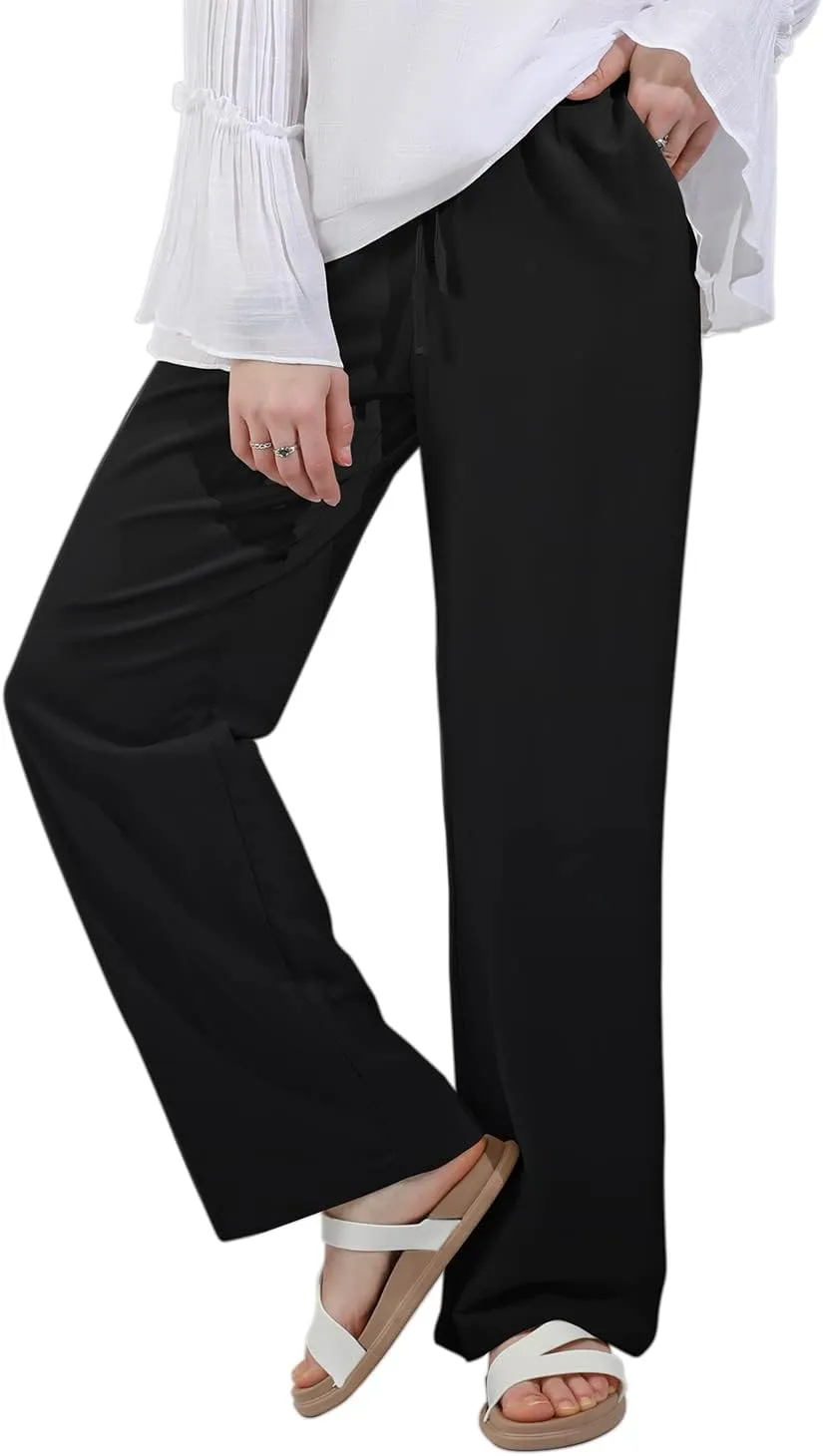 utcoco Women's Cotton Linen Drawstring High Waisted Pants Casual Loose Fit Wide Leg Trousers
