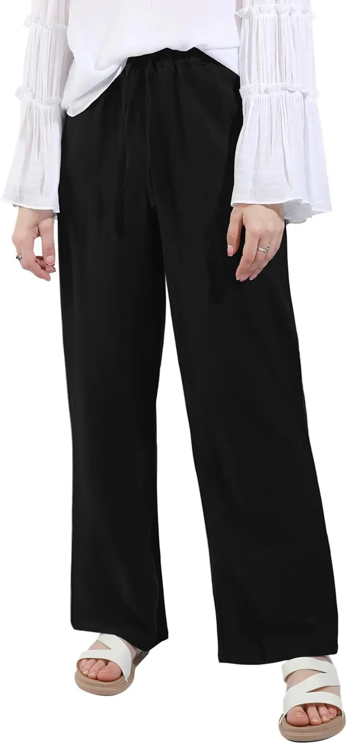 utcoco Women's Cotton Linen Drawstring High Waisted Pants Casual Loose Fit Wide Leg Trousers