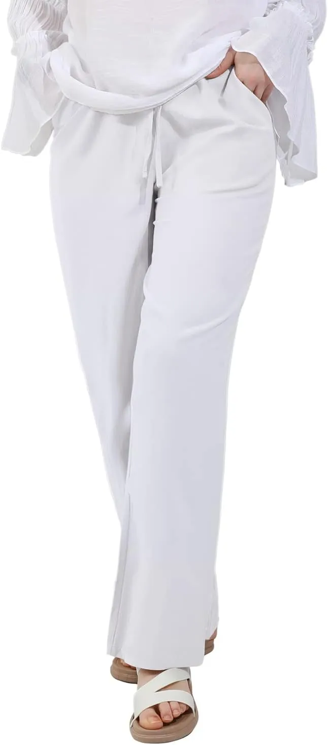 utcoco Women's Cotton Linen Drawstring High Waisted Pants Casual Loose Fit Wide Leg Trousers