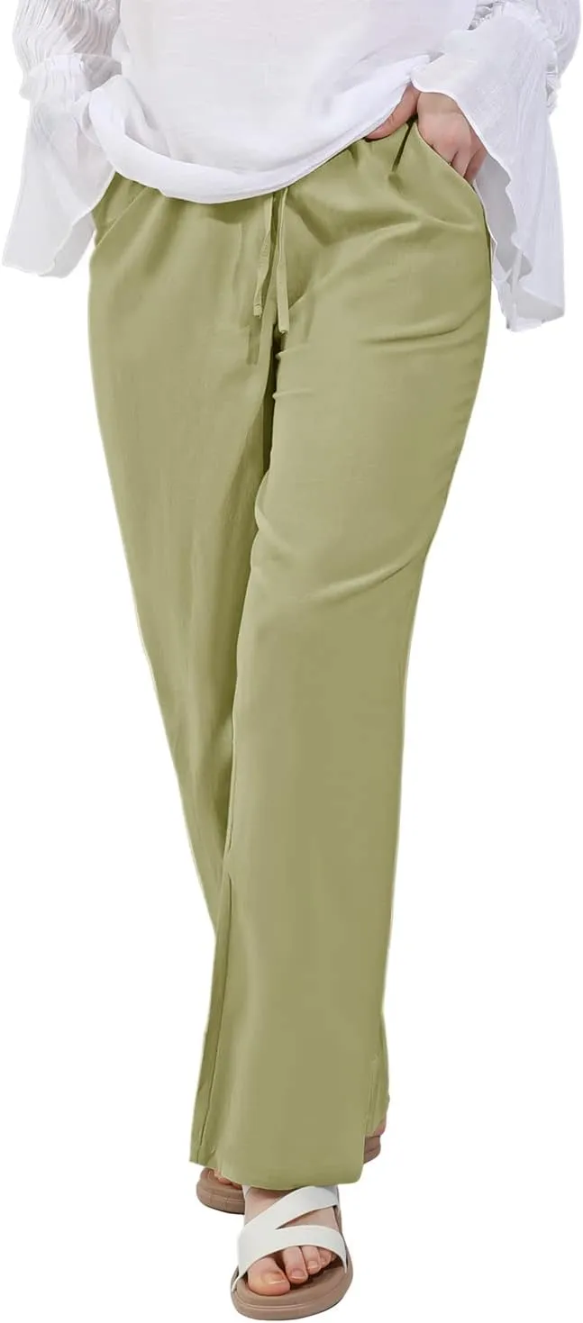 utcoco Women's Cotton Linen Drawstring High Waisted Pants Casual Loose Fit Wide Leg Trousers