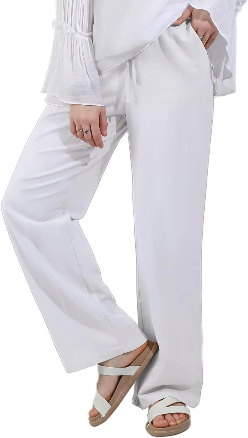utcoco Women's Cotton Linen Drawstring High Waisted Pants Casual Loose Fit Wide Leg Trousers