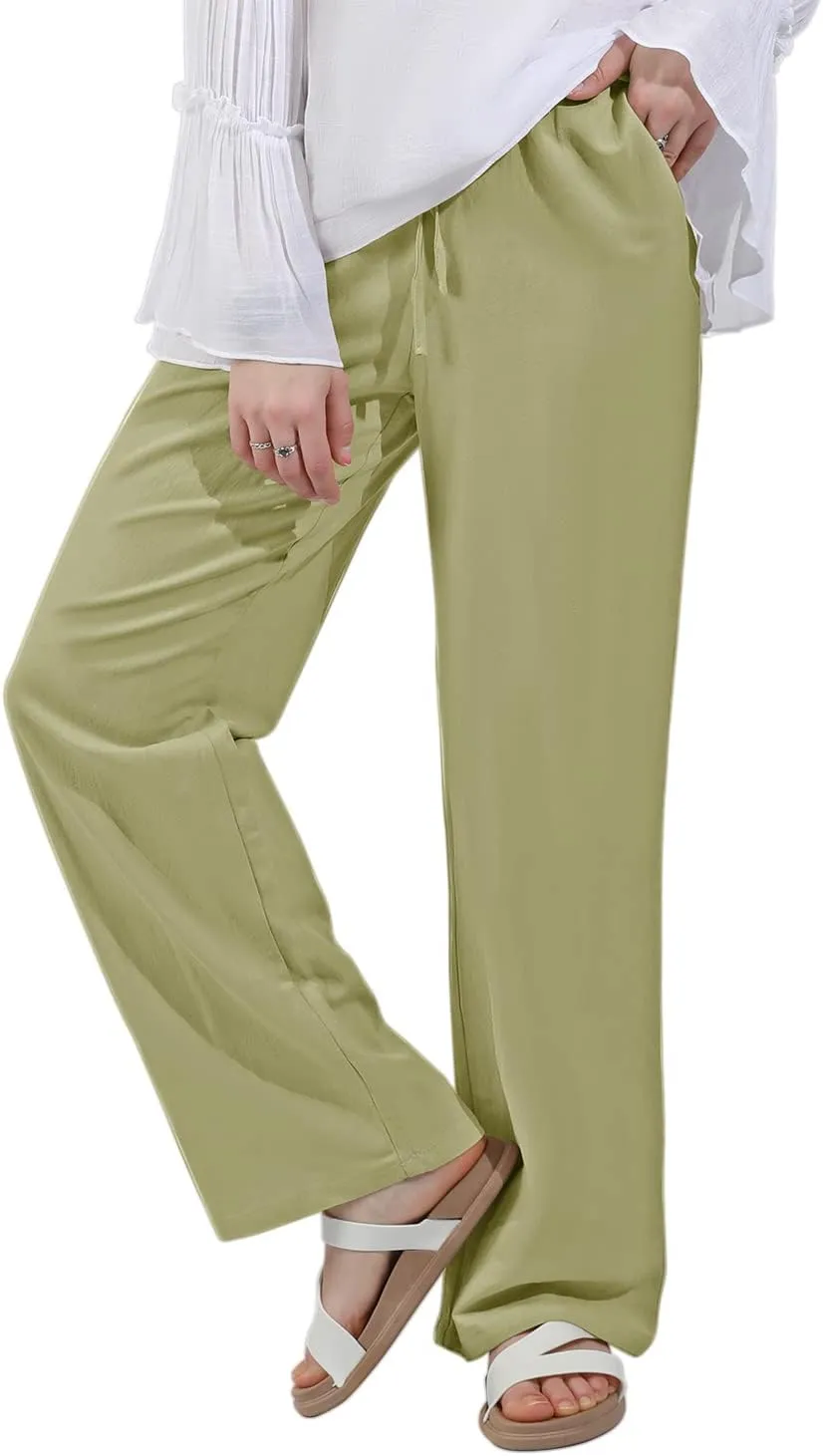 utcoco Women's Cotton Linen Drawstring High Waisted Pants Casual Loose Fit Wide Leg Trousers