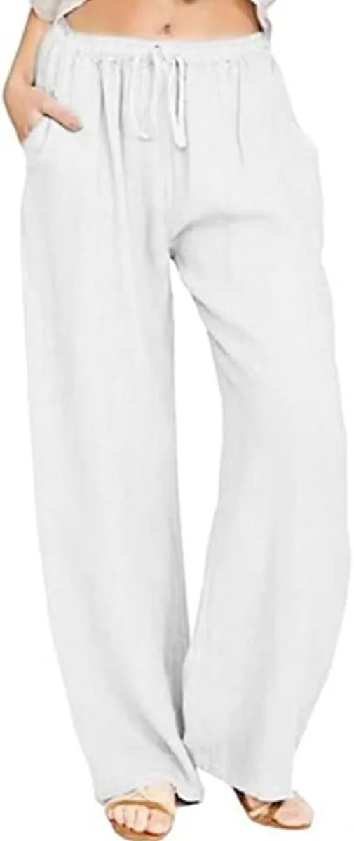 utcoco Women's Cotton Linen Drawstring High Waisted Pants Casual Loose Fit Wide Leg Trousers