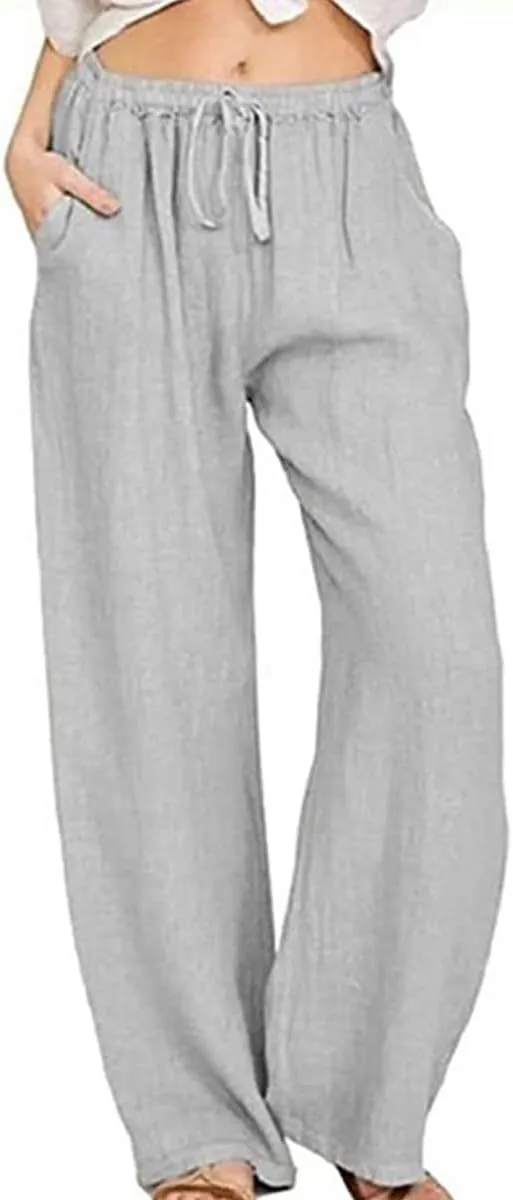 utcoco Women's Cotton Linen Drawstring High Waisted Pants Casual Loose Fit Wide Leg Trousers