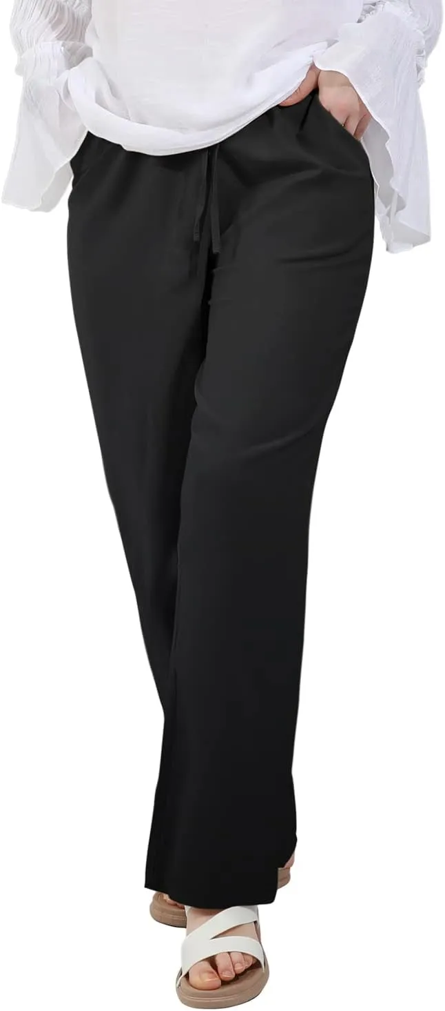 utcoco Women's Cotton Linen Drawstring High Waisted Pants Casual Loose Fit Wide Leg Trousers