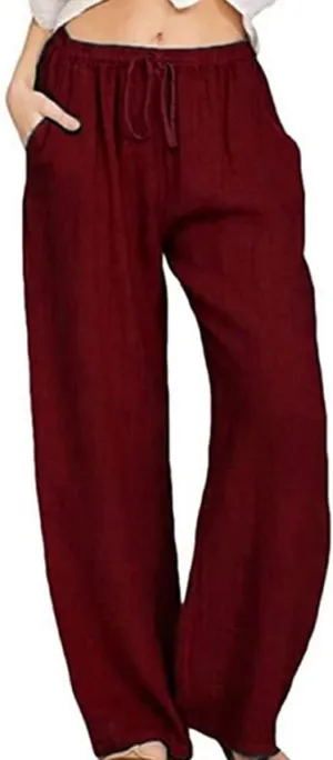 utcoco Women's Cotton Linen Drawstring High Waisted Pants Casual Loose Fit Wide Leg Trousers
