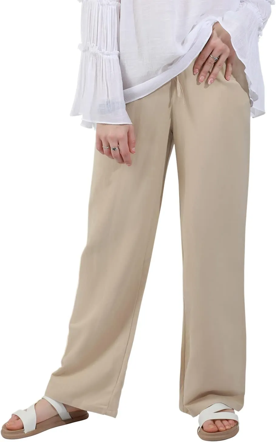 utcoco Women's Cotton Linen Drawstring High Waisted Pants Casual Loose Fit Wide Leg Trousers