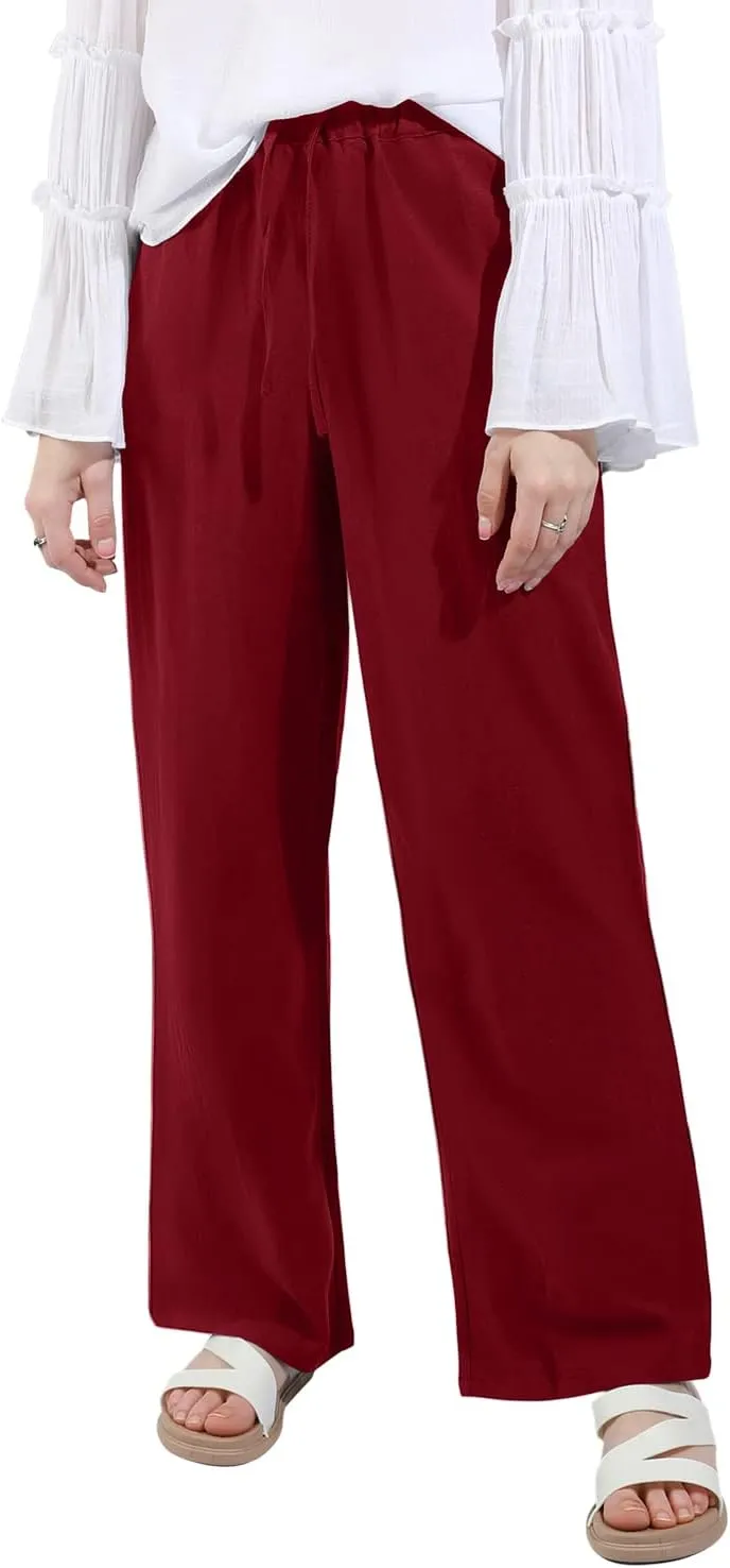 utcoco Women's Cotton Linen Drawstring High Waisted Pants Casual Loose Fit Wide Leg Trousers