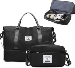 Valleycomfy Travel Duffel Bags with Shoes Compartment,Large Travel Duffel Bag,Weekender Overnight Bag with Toiletry Bag,Black
