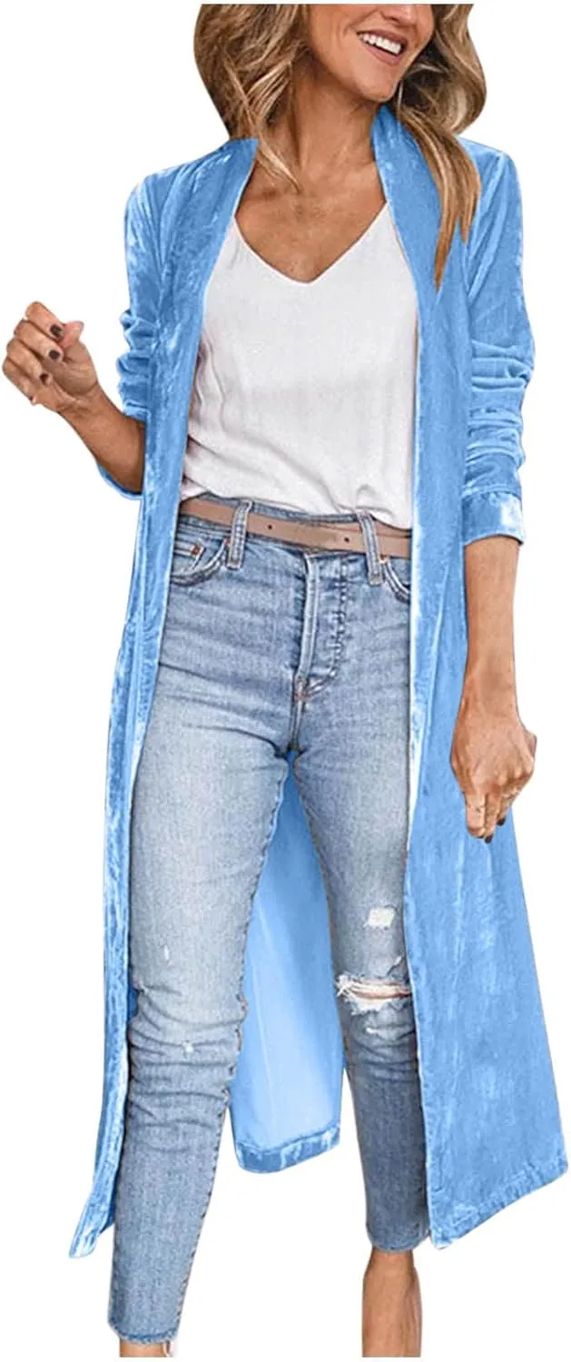 Velvet Cardigan for Women Long Lapel Long Sleeve Shirt with Pockets Mid-Length Open Front Trench Kimono Coat